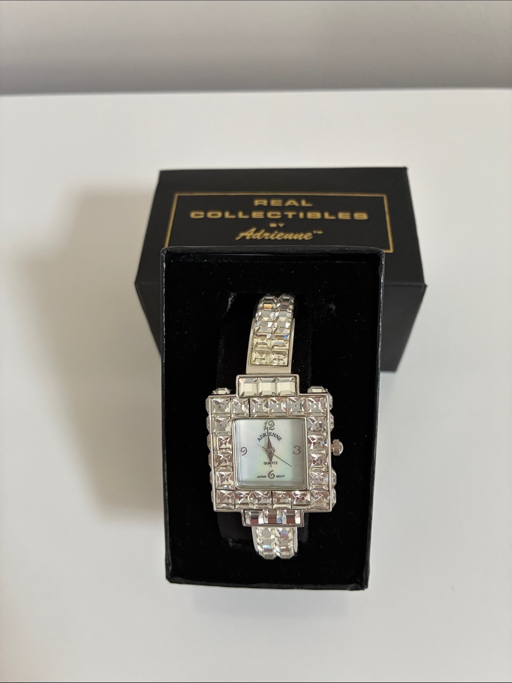 Real Collectibles by Adrienne Silver-Tone Crystal Square Bracelet Watch - NIB